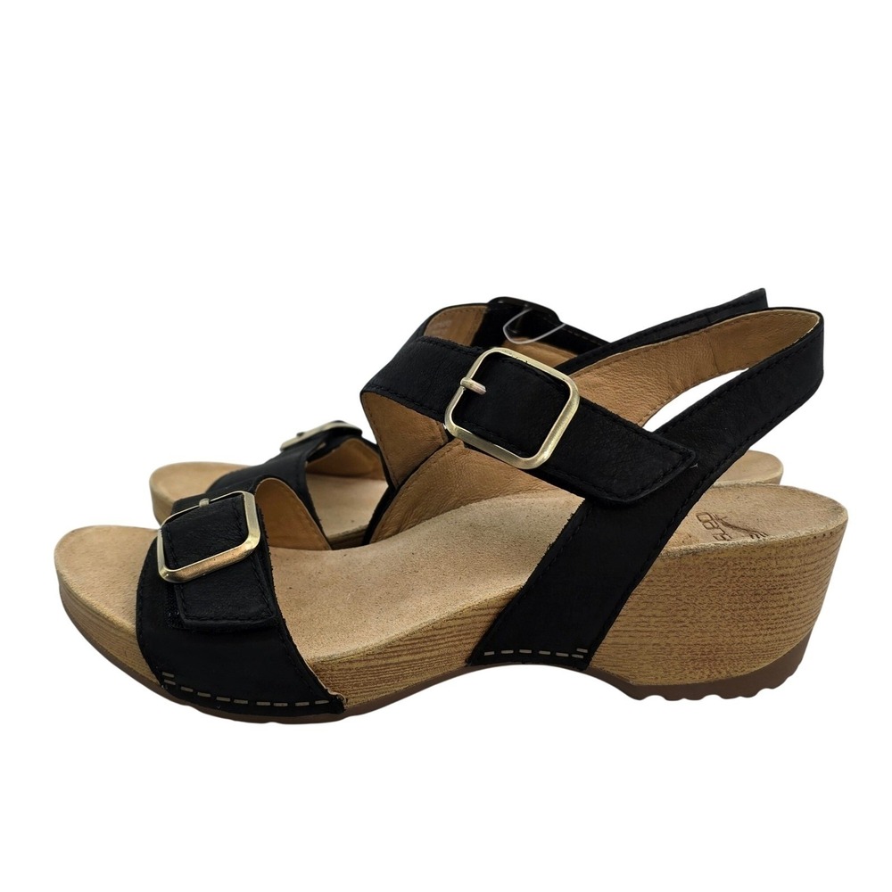 Dansko Womens Black Leather Wedge Sandals Buckle Slingback Shoes Size 42